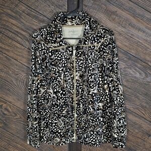 Karen Scott Women's Black and Gold Patterned Bomber Jacket Sport Full Zip Large